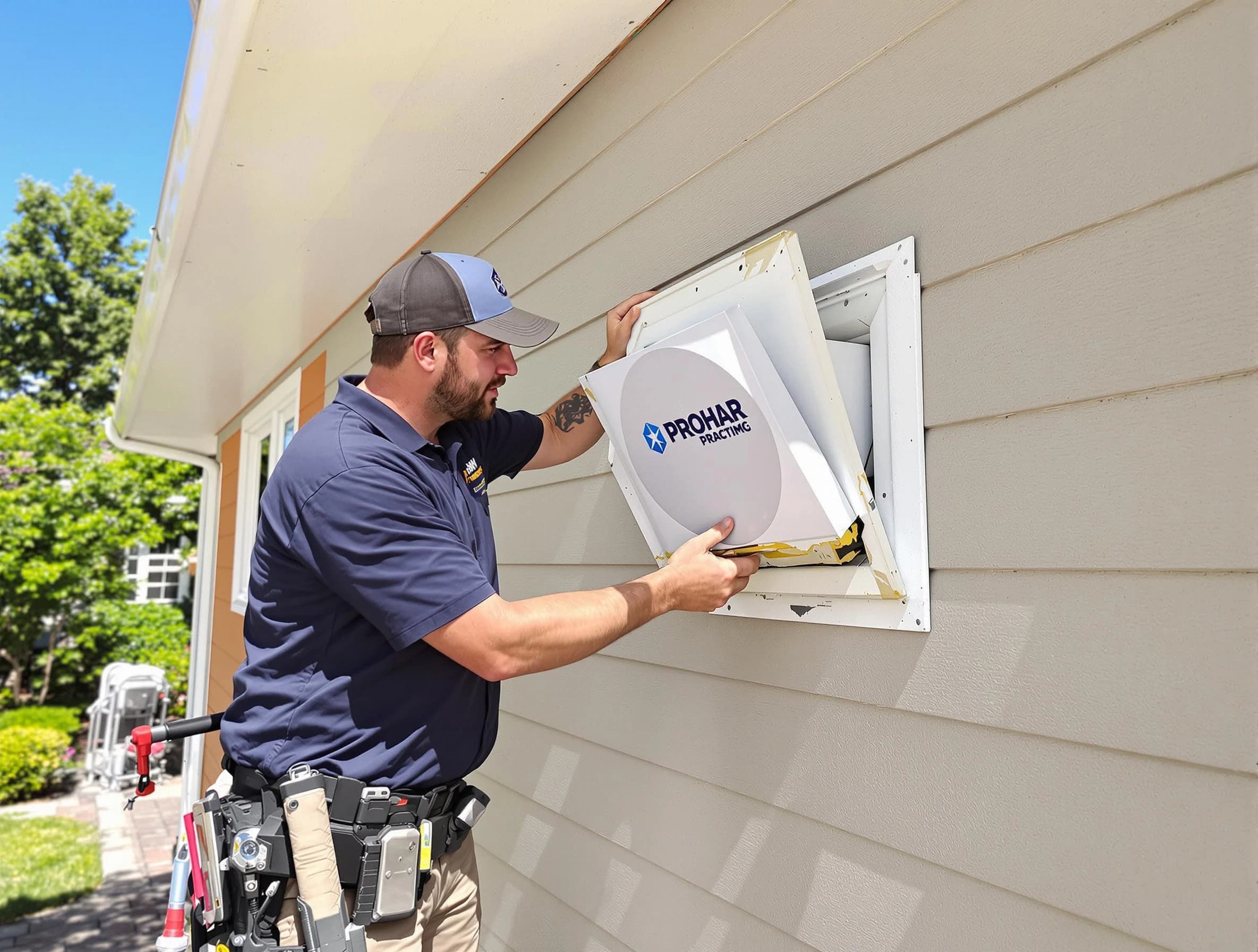 Maricopa Dryer Vent Cleaning technician installing a new protective dryer vent cover on a home in Maricopa