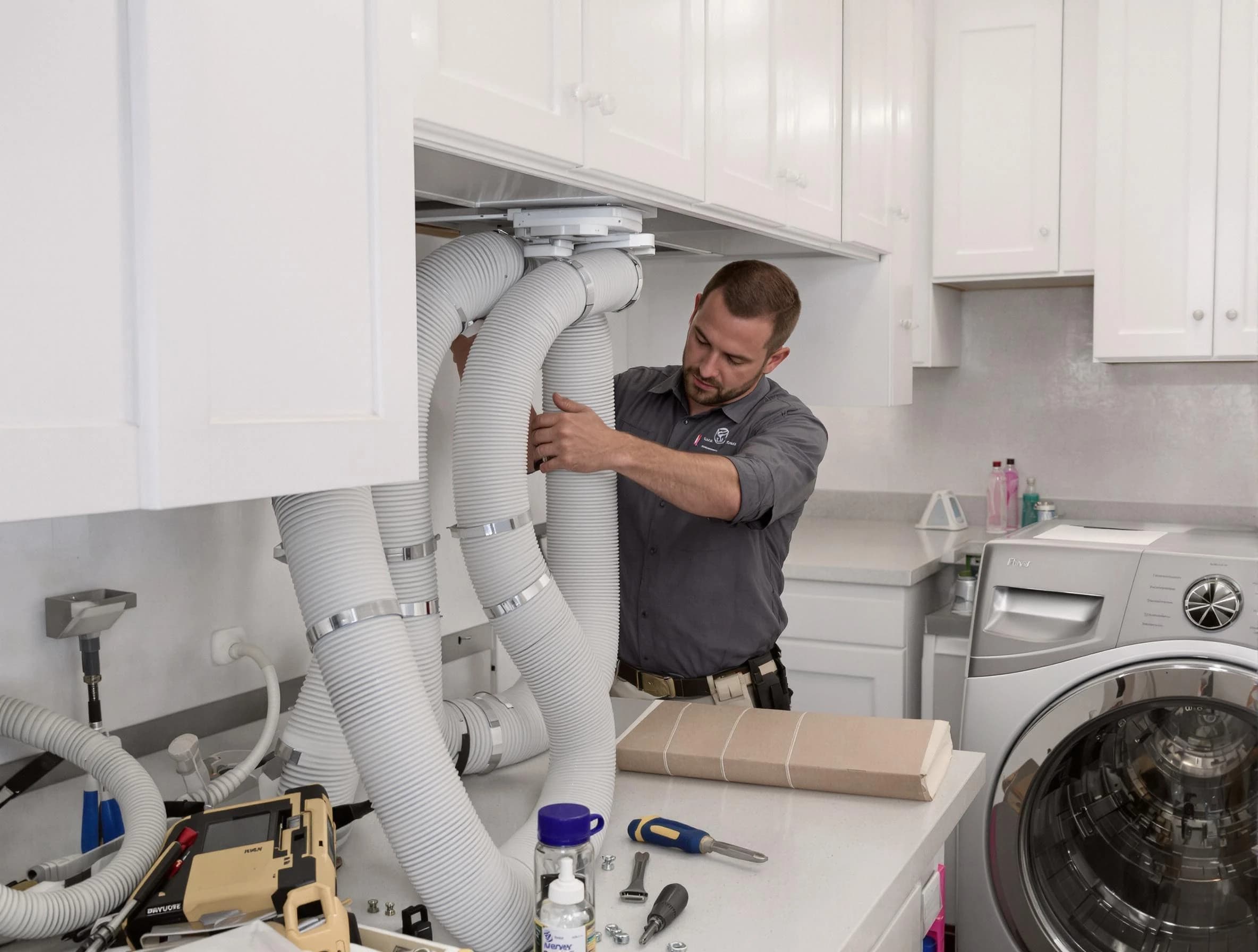 Maricopa Dryer Vent Cleaning technician installing a new professional-grade dryer vent hose in Maricopa