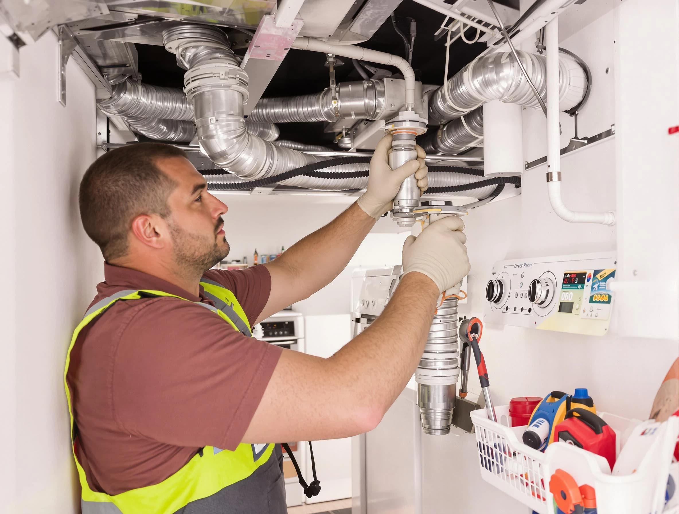 Maricopa Dryer Vent Cleaning expert performing both repair and installation work on a dryer vent system in Maricopa