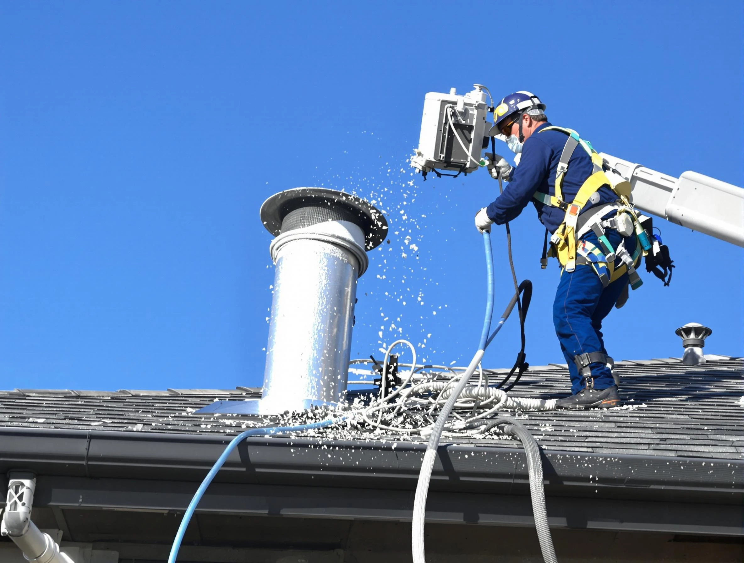 Maricopa Dryer Vent Cleaning certified technician safely cleaning a roof-mounted dryer vent in Maricopa