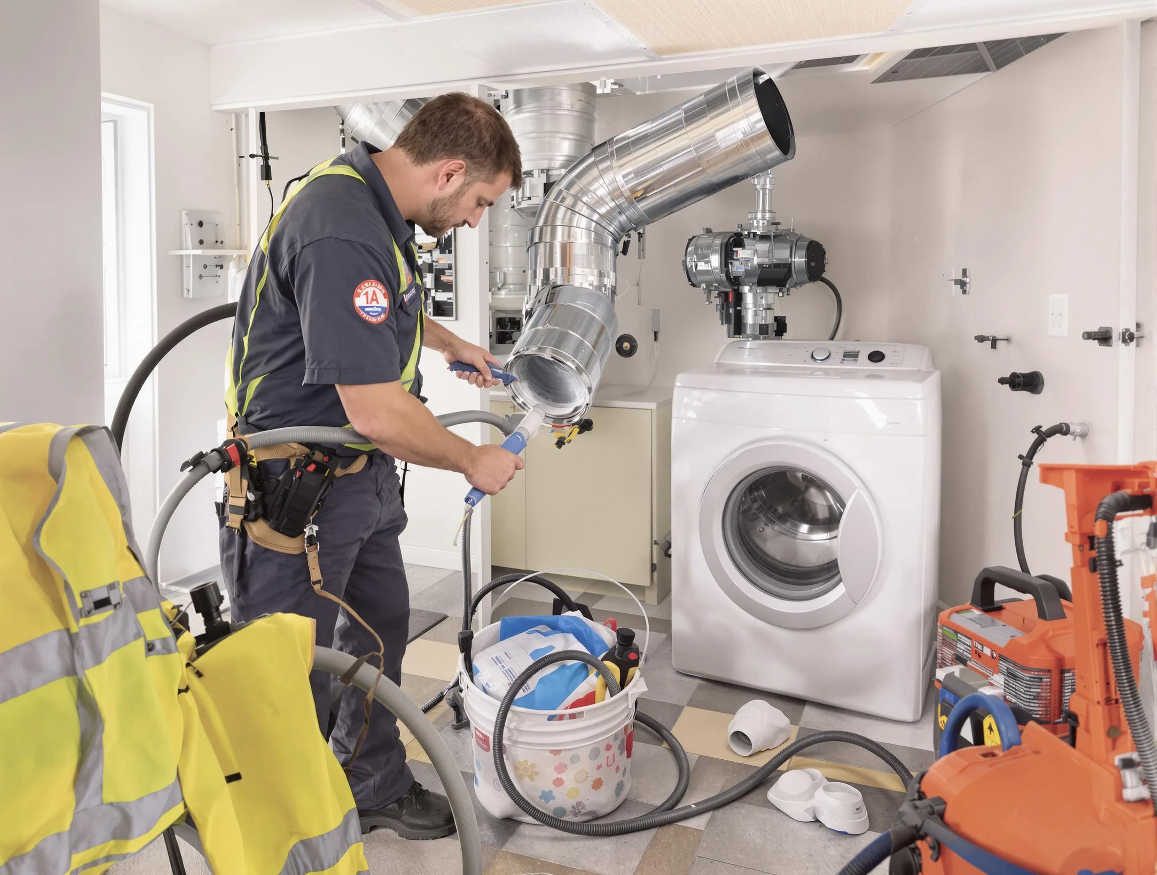 Maricopa Dryer Vent Cleaning technician using specialized equipment to clear severe dryer vent blockage in Maricopa